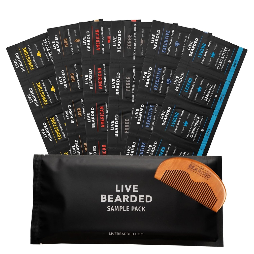 Live Bearded Beard Oil and Butter Grooming Kit Συσκευασία δείγματος με Comb, δώρο μπόνους - Όλα-φυσικά συστατικά Shea, Argan, Jojoba - Υποστήριξη ανάπτυξης - Made in the USA
