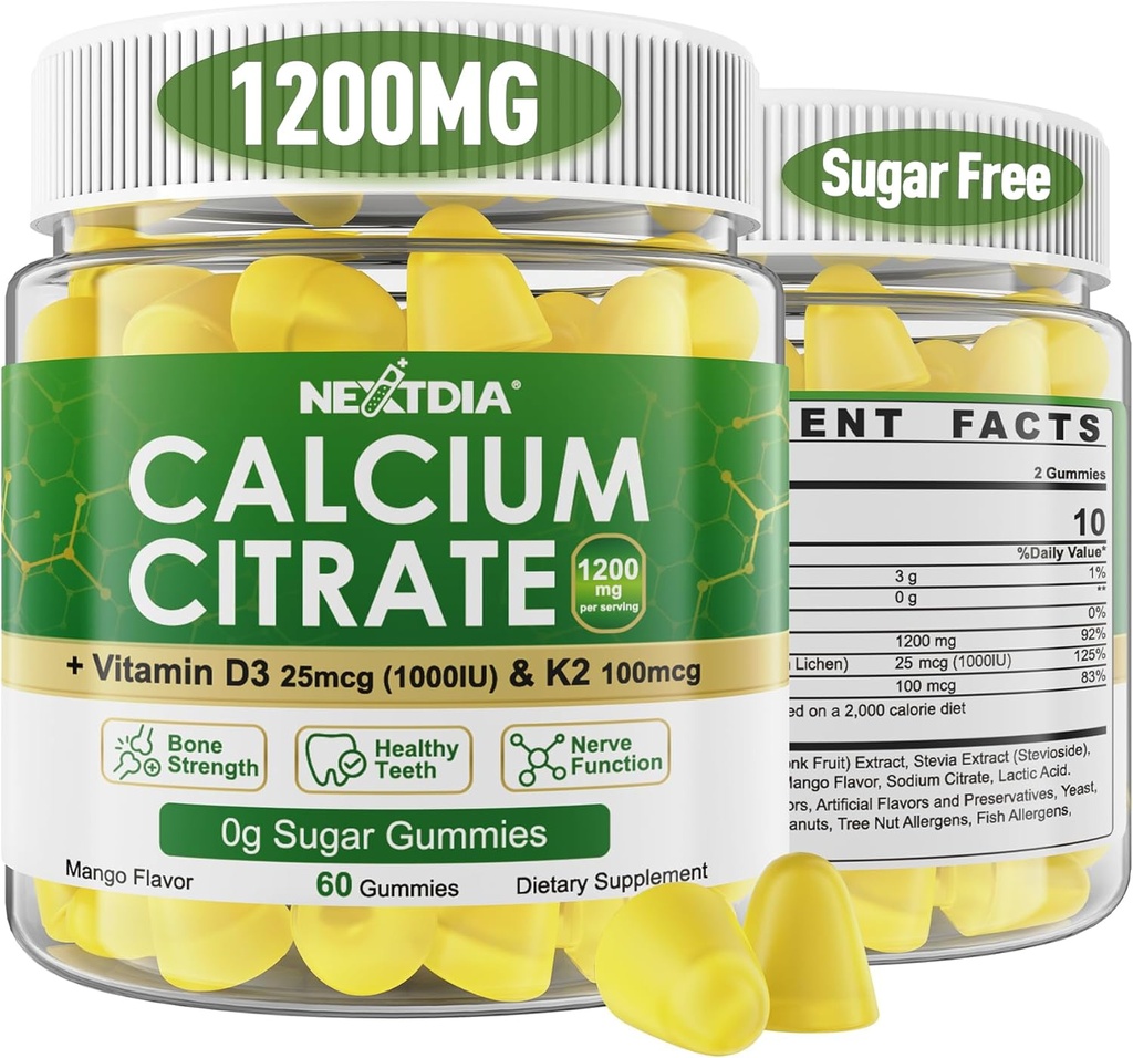 Calcium Citrate Gummies 1200mg with Vitamin D3 K2, Chewable Calcium Supplements for Women & Men, High Potency Support B0ne, Te*th, Strength & Immune Health, Mango Flavor, Non-GMO, Sugar Free, 120 Cts