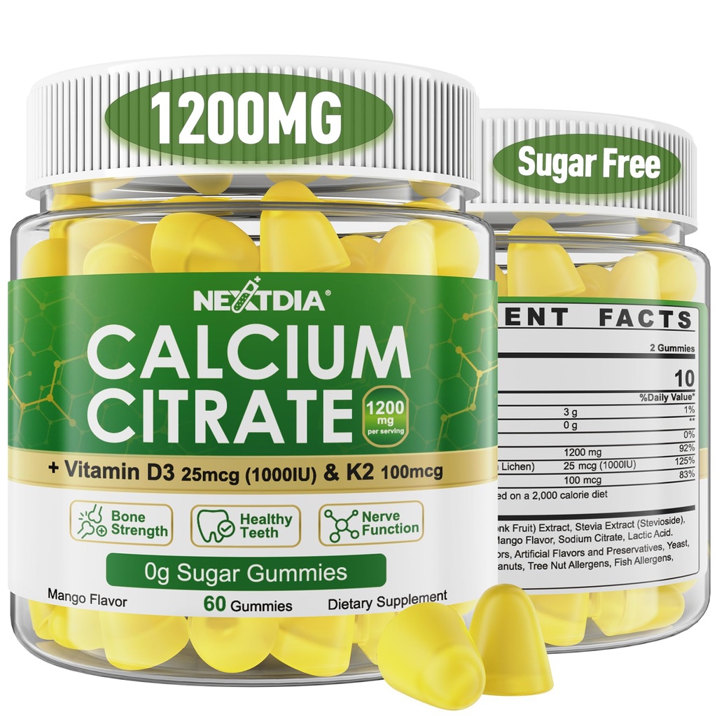 D3 K2 Vitamini ile 1200 mg, Kadınlar ve Erkekler için Çarpıcı Gıda Supplements, Yüksek Potency Support B0ne, Te*th, Strength & Immune Health, Mango Flavor, Non-GMO, Sugar Free, 120 Cts