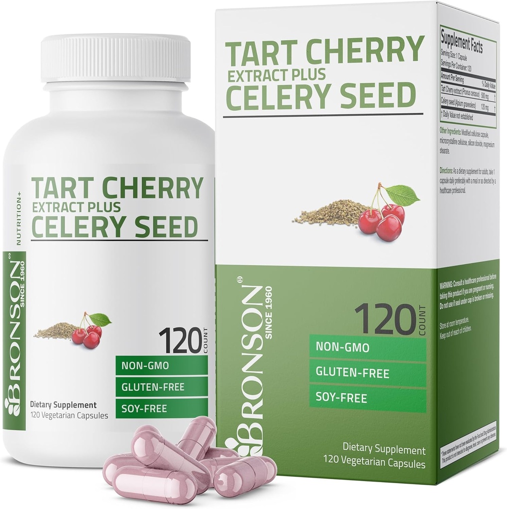 Bronson Tart Cherry Extract + κάψουλες σπόρων σέλινου - Ισχυρός καθαρισμός ουρικού οξέος, κοινή υποστήριξη κινητικότητας και συμπλήρωμα αποκατάστασης μυών - μη GMO Formula, 120 κάψουλες χορτοφάγων