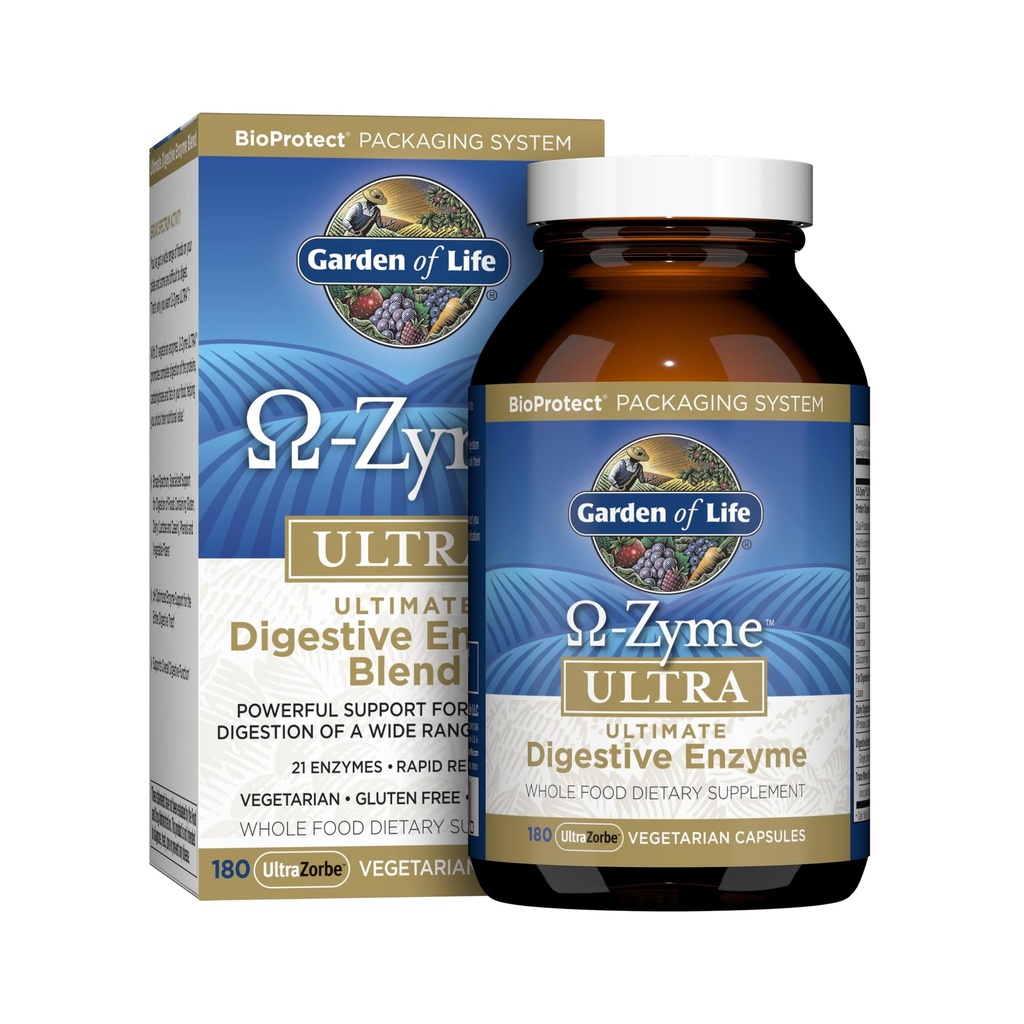 Κήπος της Ζωής 21 Ισχυρά Digestive Ένζυμα με Papain, Bromelain, Lipase, Ginger, Turmeric για την πλήρη πέψη πρωτεϊνών, υδατανθράκων & λιπών – Omega-Zyme ULTRA, χωρίς γλουτένη, χορτοφάγους, 180 κάψουλες