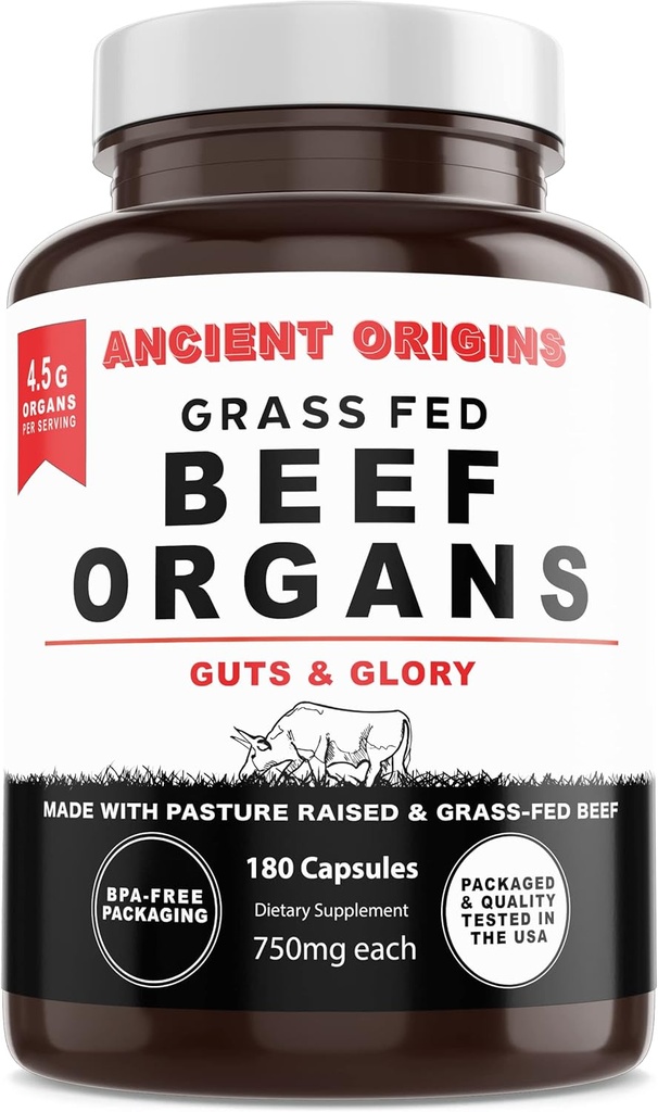 Grass Fed Beef Organları Tamam 4500 mg - Desiccated Liver, Bone Marrow, Heart, Spleen, Pancreas & Kidney, Non-GMO, Gluten Free, Undefated by Ancient Origins (180 Capsules, 750 mg each)