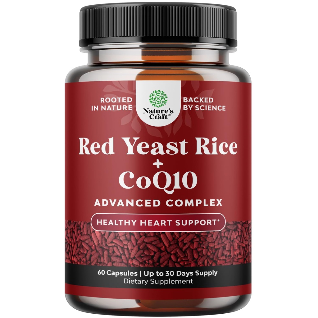 CoQ10 Supplement ile Red Yeast Rice - Gelişmiş Sağlıklı Kalp ve Sağlıklı Kolesterol Seviyeleri Erkekler ve Kadınlar için Formula - Red Yeast Rice 1200 mg Capsules with CoQ10 Count