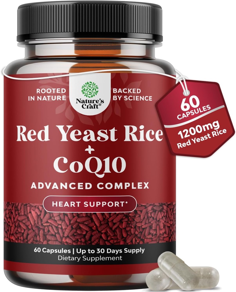 Red Yeast Rice with CoQ10 Supplement - Advanced Healthy Heart & Healthy Cholesterol Levels Formula for Men & Women - Extra Strength Capsule with Red Yeast Rice 1200 mg Capsules with CoQ10-60 Count