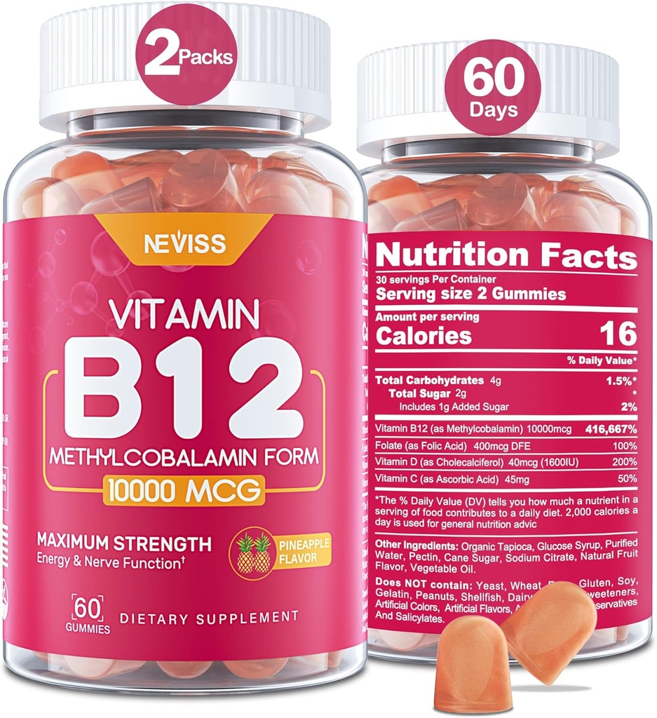 NEVISS Βιταμίνη B12 10000 mcg (Methyl B12) Gummies with Vitamin D3, B9 Vitamin Folate, Vitamin C, for Energy Boost & Μεταβολισμός, Νευρικό Σύστημα, Ισχυρό Οστό, Ανοσοποιητική Υποστήριξη, Χαμηλή Ζάχαρη, 120 Count