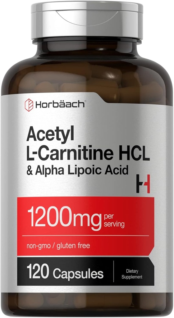 Horbäach Acetyl L Carnitine HCL & Alfa Lipoic Acid 1200 mg | 120 Capsules | ALC ALA Kompleksi | Non-GMO & Gluten Free Supplement Supplement