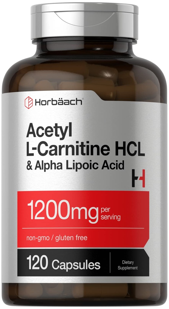 Horbäach Acetyl L Carnitine HCL & Alfa Lipoic Acid 1200 mg | 120 Capsules | ALC ALA Kompleksi | Non-GMO & Gluten Free Supplement Supplement