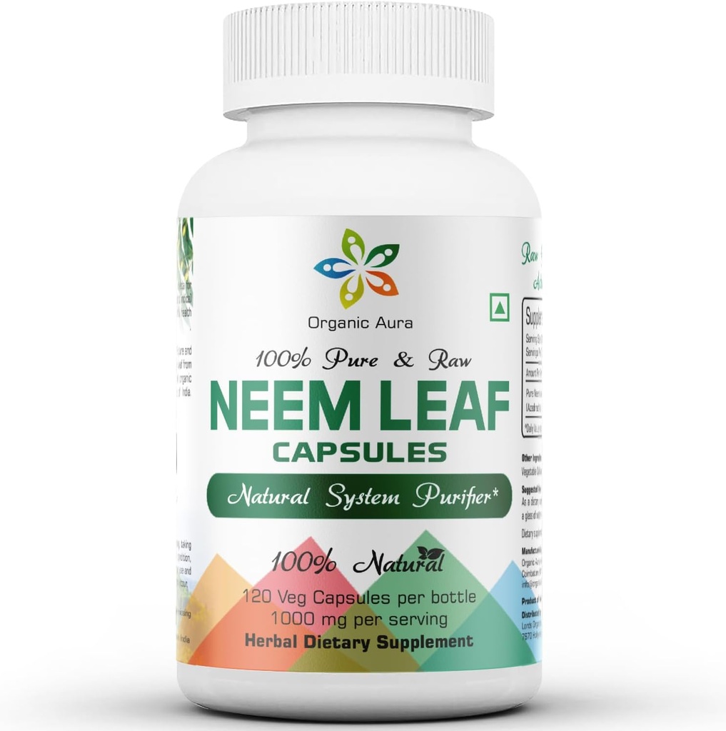 Organik Aura Neem Capsules. 100% Saf ve Potent. Raw Green Whole Superfood. Tüm Spectrum Neem'le yapılan. Miracle Detoxing Agent. Radiant Skin ve Immunity.