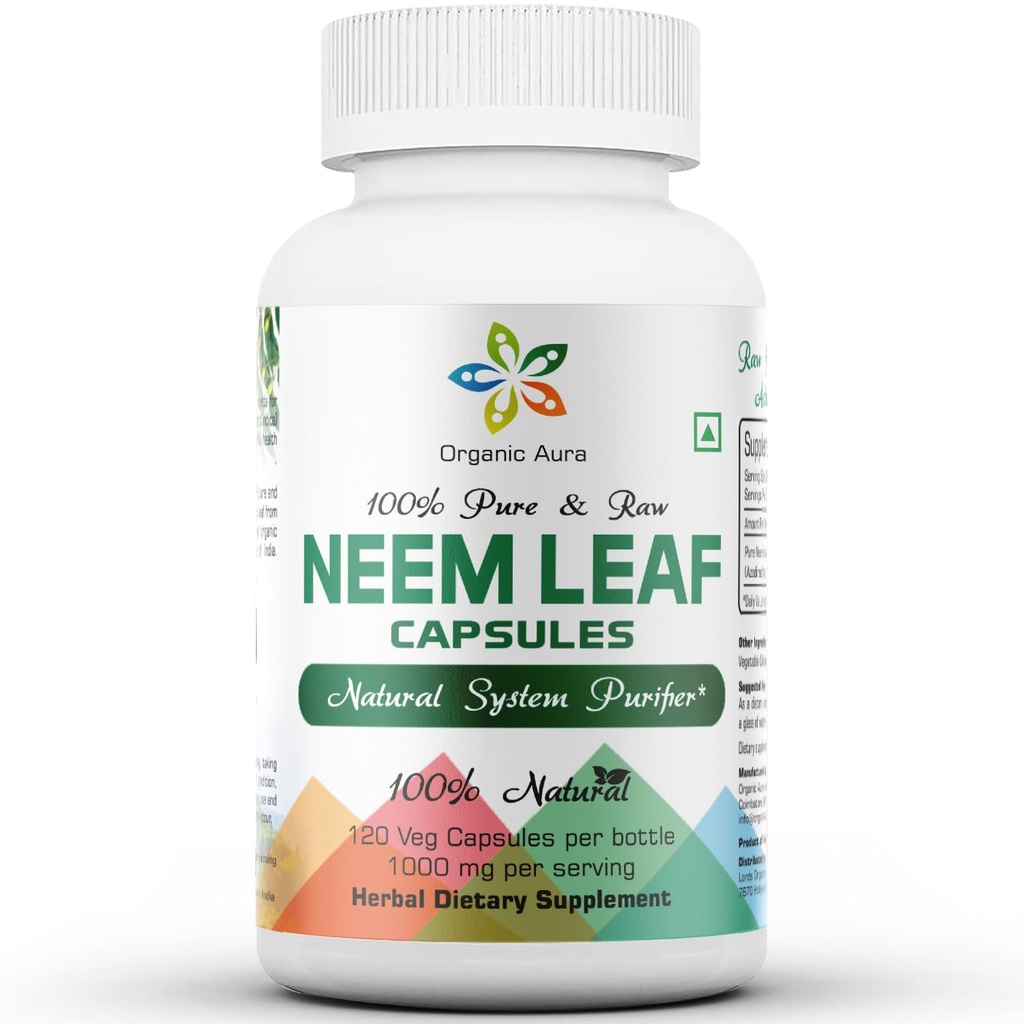 Organik Aura Neem Capsules. 100% Saf ve Potent. Raw Green Whole Superfood. Tüm Spectrum Neem'le yapılan. Miracle Detoxing Agent. Radiant Skin ve Immunity.