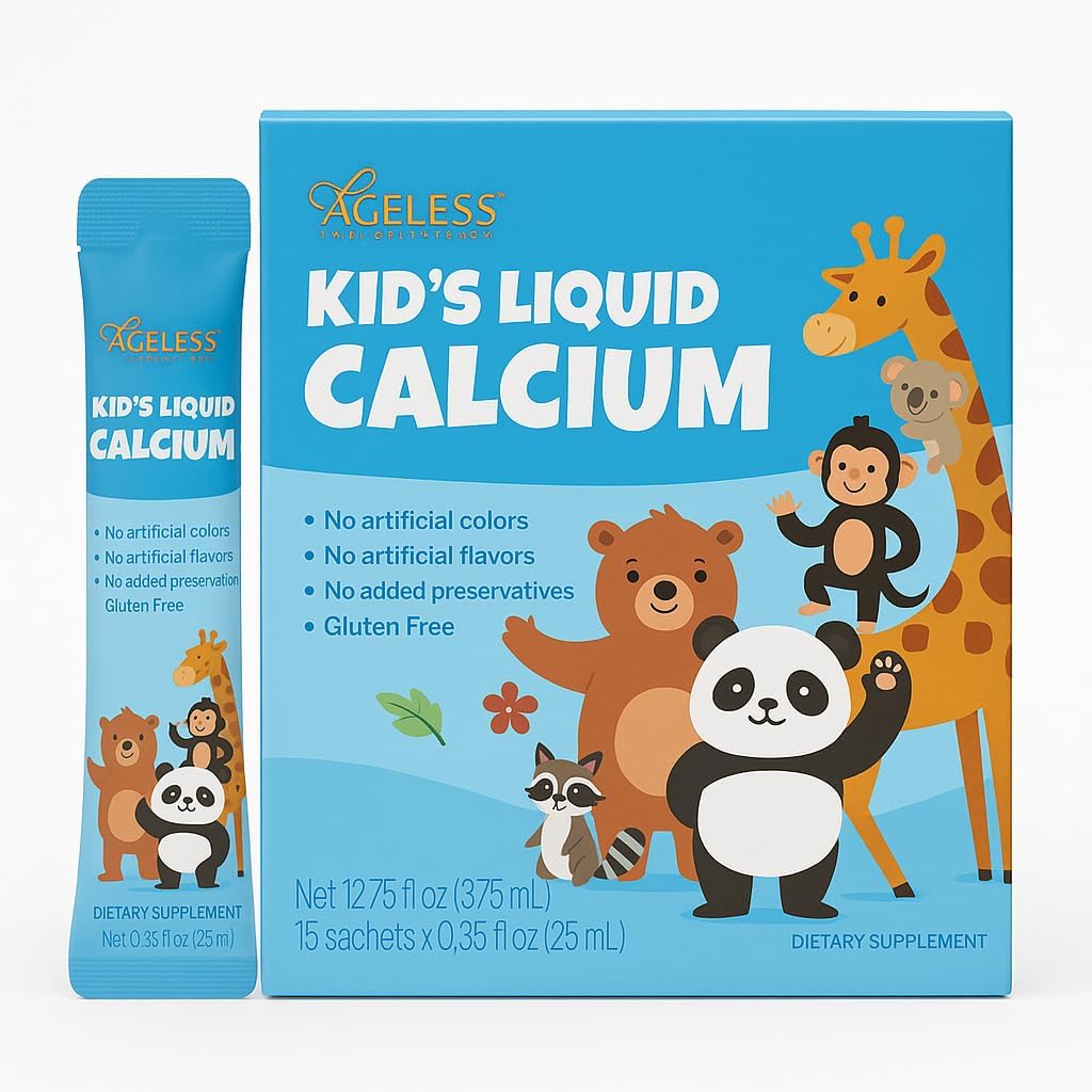 Ageless Kids Liquid Calcium Supplement, to Growing Bones, Vitamin D, Zinc, and Magnesium, with Sea Bass Extract - Υψηλή Απορρόφηση, Ανοσολογική Υποστήριξη, Χωρίς Γλουτένη - 25 ml (15 Count)
