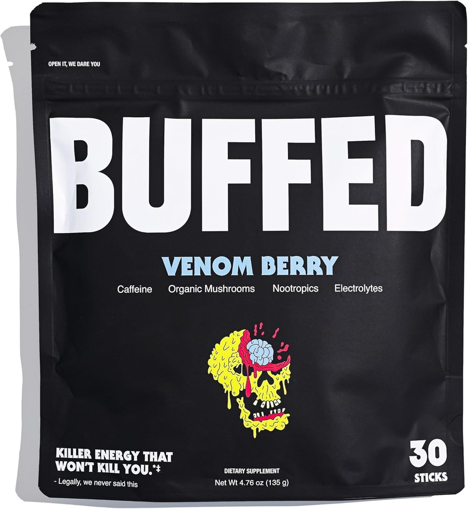 Energy Toz Stick Packs, Drink Mix | Clean, Health Boost Packets | 150mg Caffeine + Hydration | Nootropics, Organik Mushrooms, B-Vitamins, Electrolytes | 30 Pack-Venom Berry