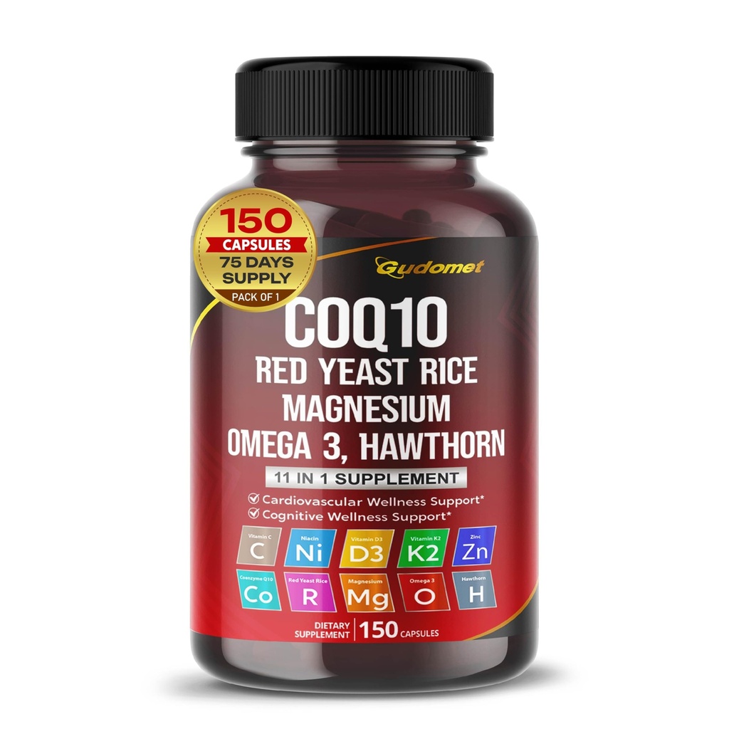 Coenzyme Q10 (Ubiquinone) Red Yeast Rice Hawthorn Omega 3 C Niacin çinko Vitamin K2-150 Capsules- Made in USA