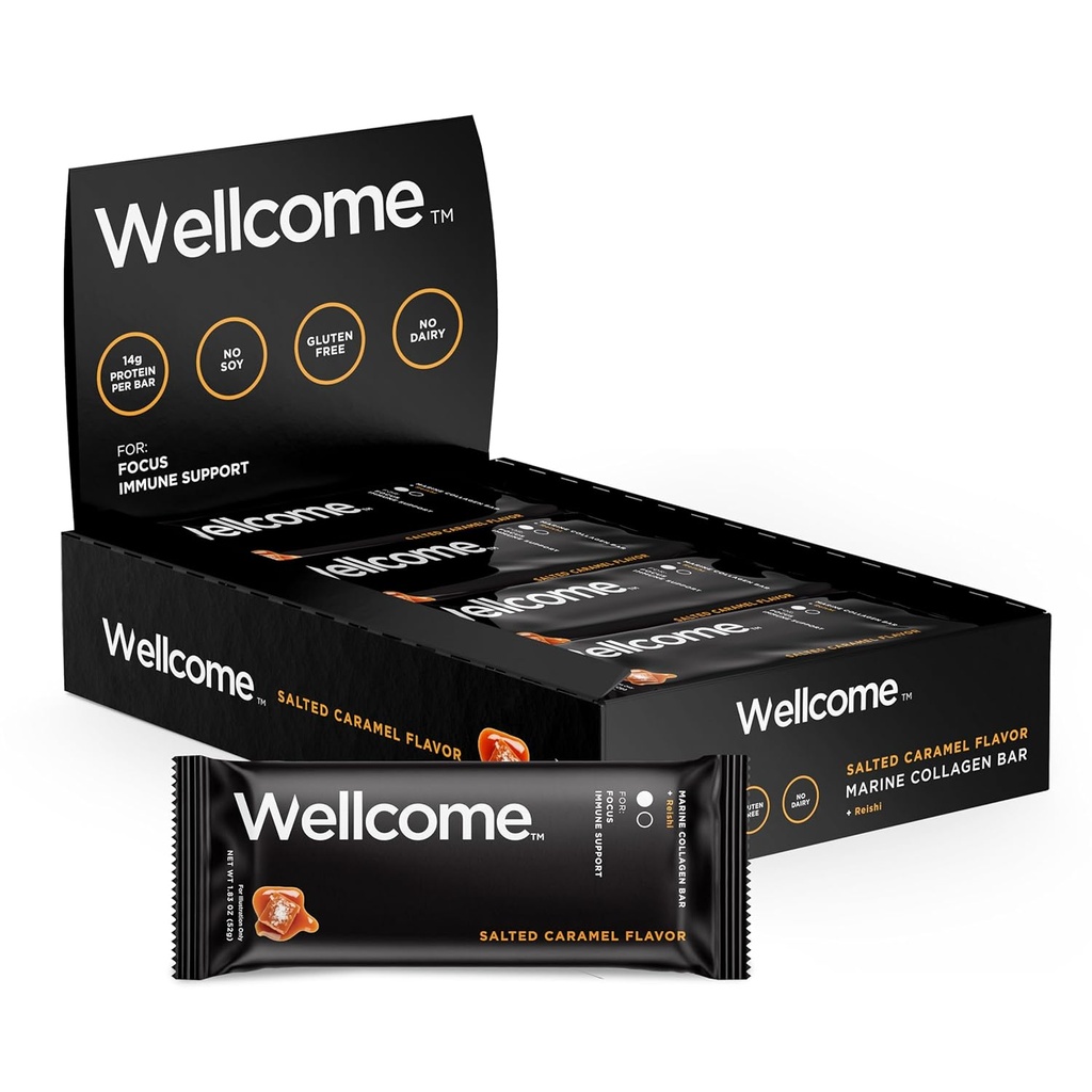 Wellcome Alted Caramel Marine Collagen Protein Bar with Reishi Mushroom for Energy and Immune Support - Adaptogenic Snack Bar - Dairy Free Health Bar for Functional Active Lifestyle (Pack of 12)