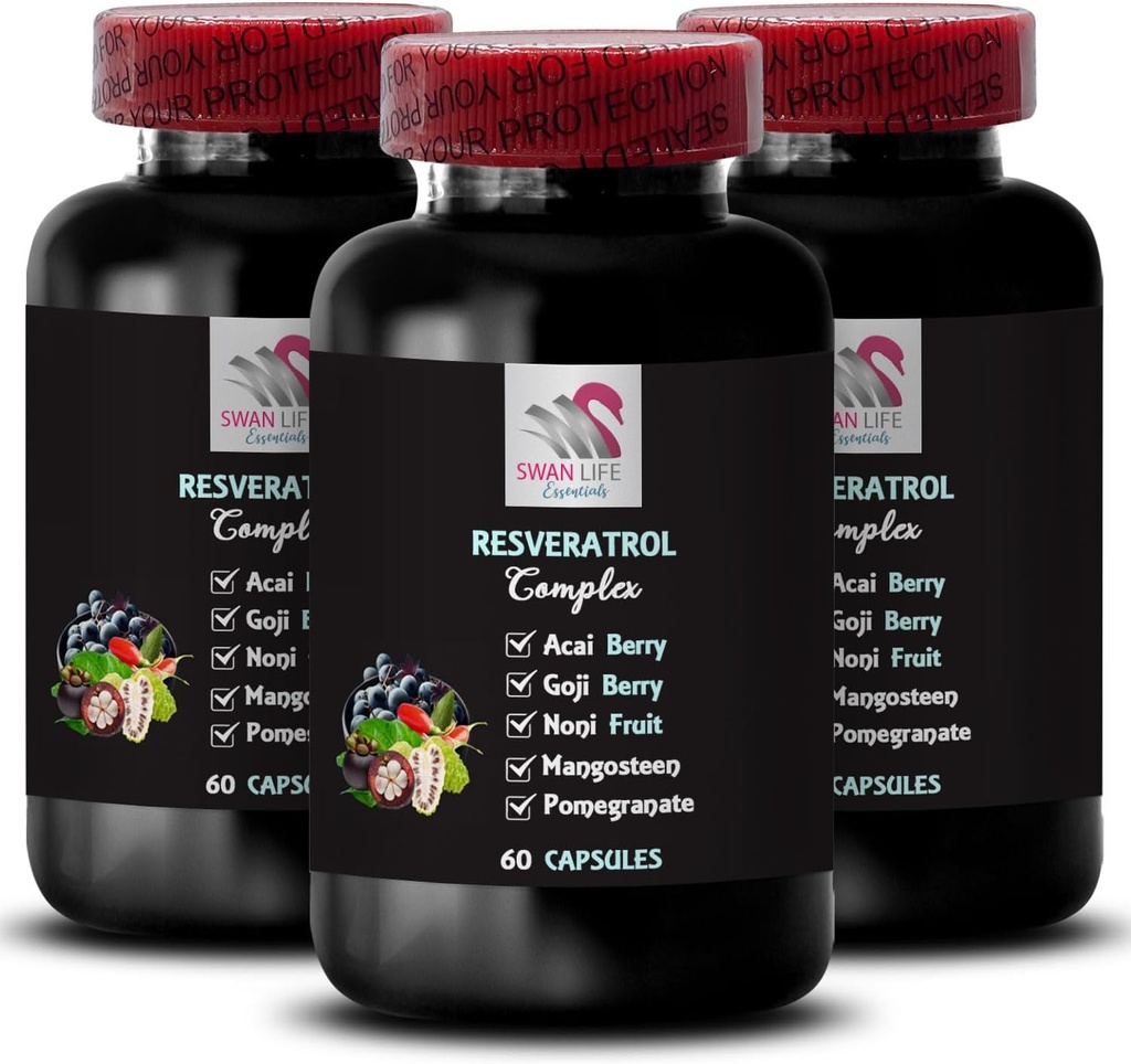 Οφέλη από μούρα - RESVERATROL COMLEX - Δύναμη από μούρα Elder, Καθημερινή Αντιοξειδωτικά, Ισχύς από βατόμουρο, Flavful Boost, Noni Blend, Goji Berry Power, Διατροφική Υποστήριξη, Acai Berry Strength 3 Μπουκάλια 180Caps