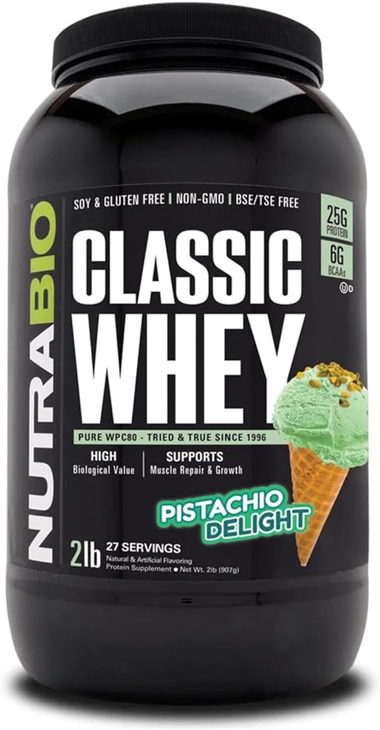 NutraBio Classic Whey Protein Toz- 25G Protein Per Scoop - Full-Spectrum Amino Asit Profil - No Fillers, Yapay Renkler, Preservatifler - (Pistachio Delight, 2 Pounds)