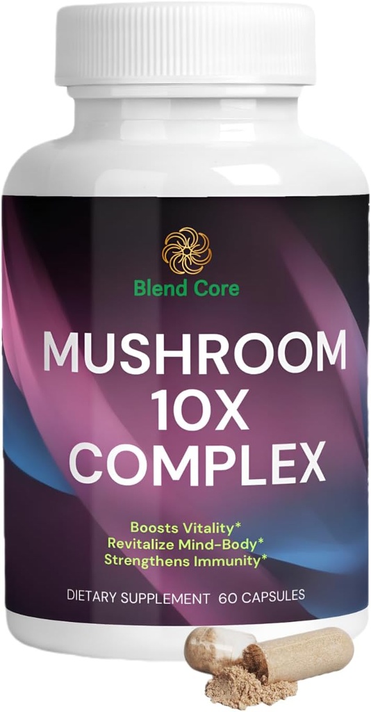 Mushroom 10X Kompleksi - Lions Mane, Reishi ve Cordyceps - Doğal Enerji ve Stres Yardımı için Tamam - Immune Boost - Focus & Memory - Natural & Non-GMOMO