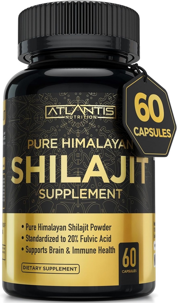 Atlantis Beslenme Himalaya Shilajit Capsules %20 Fulvic asit ile formüle edildi | 10:1 Ekstraksiyon 10.000 mg D.H.E. | USA Made | Himalaya Shilajit Supplement for Men & Women | 60 Capsules