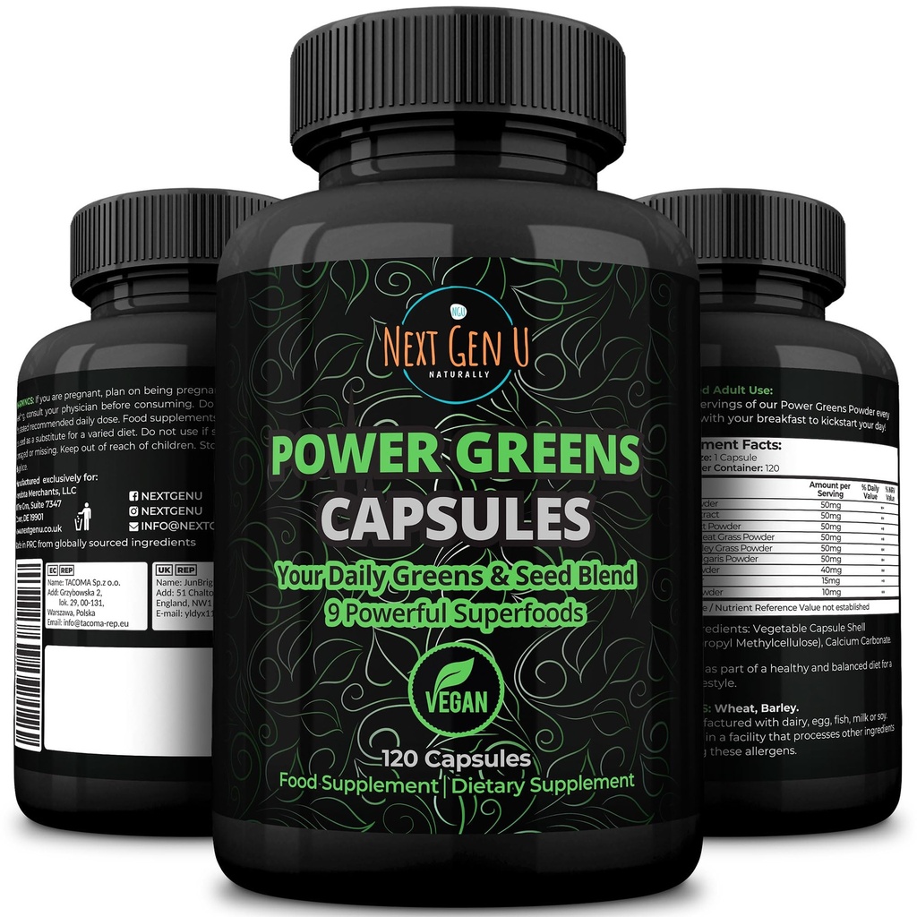 Super Greens - Immune System Support - 500 mg 120 Vegan Capsules - Günlük Acai, Buğdaygrass, Guarana, Chlorella, Flaxseed, Matcha, Maca - NextGenU