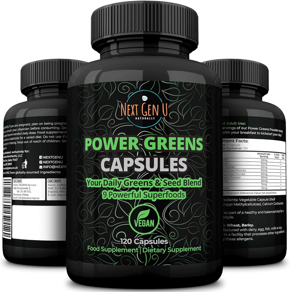 Super Greens - Immune System Support - 500 mg 120 Vegan Capsules - Günlük Acai, Buğdaygrass, Guarana, Chlorella, Flaxseed, Matcha, Maca - NextGenU