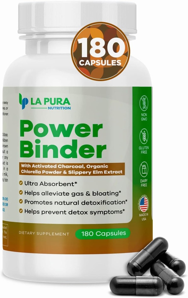 LaPura Power Binder - Detox & Cleanse Aktif Charcoal, Organik Klorella Toz & Terpery Elm Ekstraksiyonu - Tümevli Gaz & Bloating - Doğal Detoxification - 180 Capsules