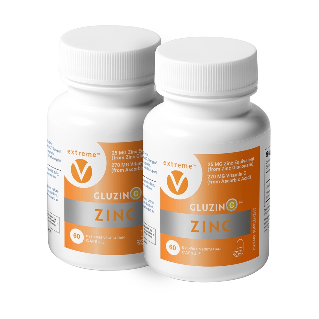 Çinko MG25+VC Dual Pack | Daily çinko Gluconate + Vitamin C | 25 mg + 270 mg | Temiz Formula, Vegan-Friendly, (2 Şişe, 120 Vegetarian Capsules)
