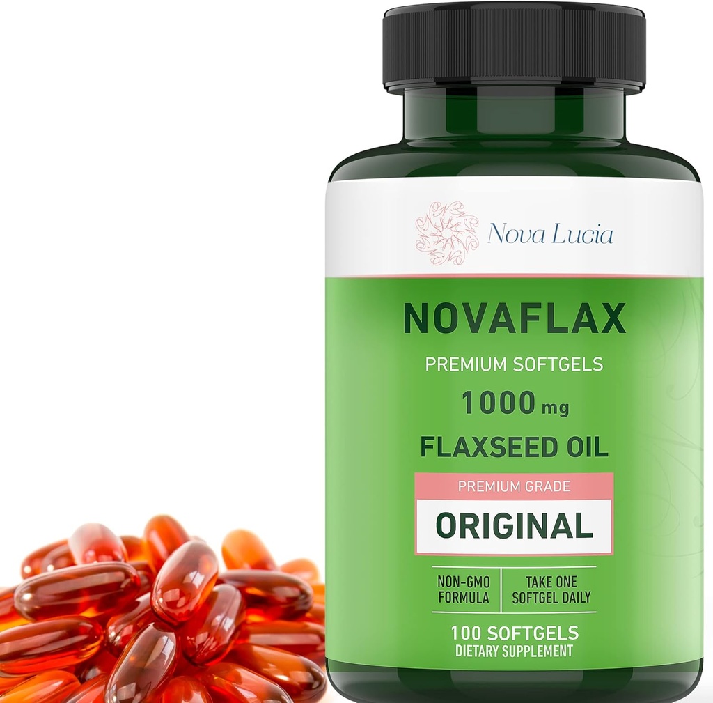 Nova Organic Flaxseed Oil Capsules 1000 mg - Omega 3 6 9 Saç, Skin & Nails - Non-GMO, Gluten-Free, Hexane-Free, Easy to Swallow - 100 Liquid Softgels