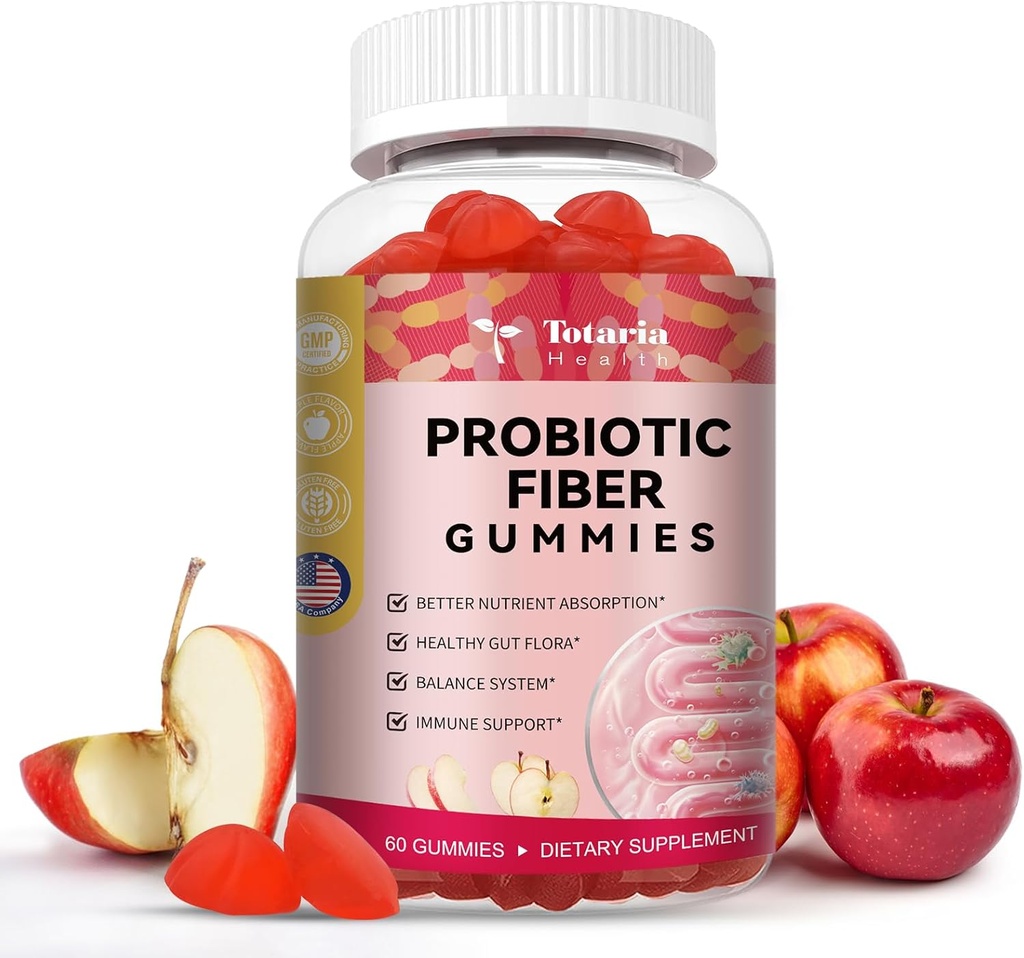 Totaria 9-σε-1 Probiotic Fiber Gummies for Adults & Teens 16G Fiber per Serving, Psyllium Fiber Supplement with 5 Billion CFU Bacillus Coagulans, Inulin, ACV for Digestive & Gut Wellness - 60 Gummies