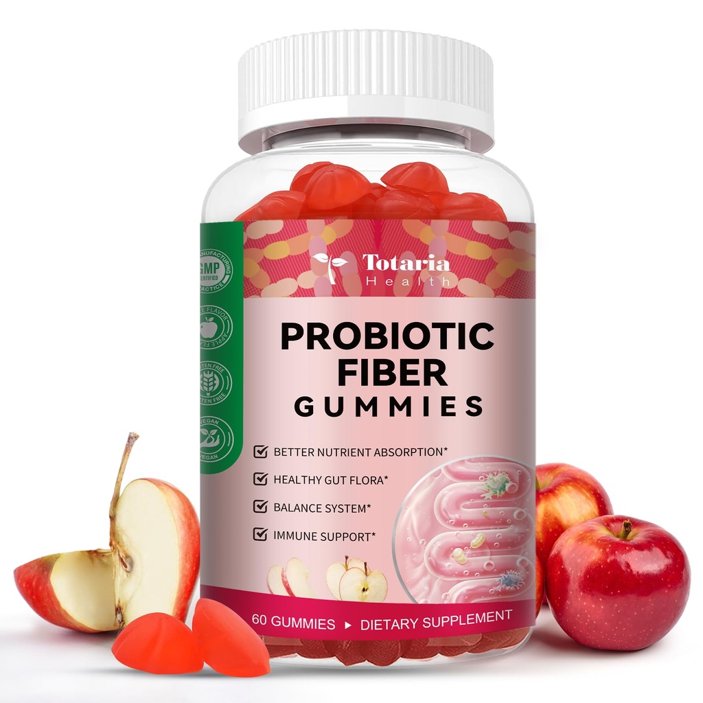 Totaria 9-in-1 Probiyotik Fiber Gummies for Yetişkinler & Gençler için 16G Fiber, 5 Milyar CFU Bacillus Coagulans, Inulin, ACV for Digestive & Gut Wellness - 60 Gummies