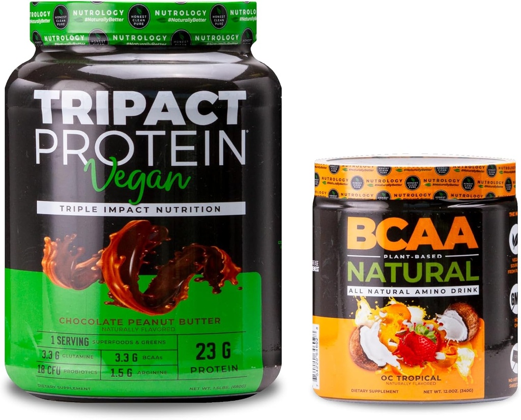 Nutrology TRIPACT Vegan Protein Powder, για Vegan Protein Shakes, Σοκολάτα Φυστικοβούτυρο (20 μερίδες) BCAA Natural, Plant Based BCAA Powder, Orange Coconut Flavor (30 μερίδες)