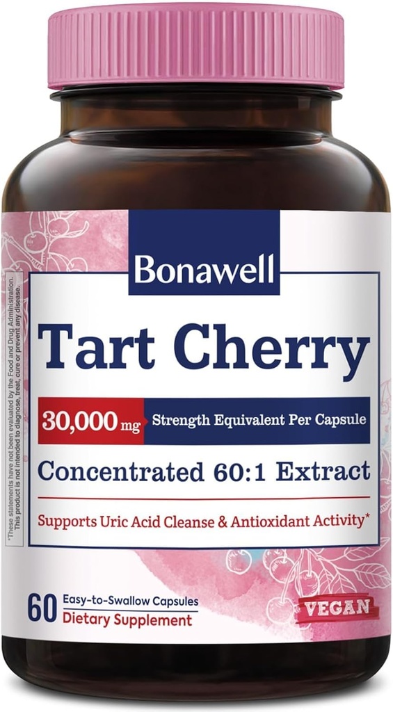 Bonawell Tart Cherry Capsules 60:1 Extract, 30000 mg Strength, Montmorency Tart Cherries, Güçlü Uric Acid Cleanse, 2 Ay Supply, 60 Capsules