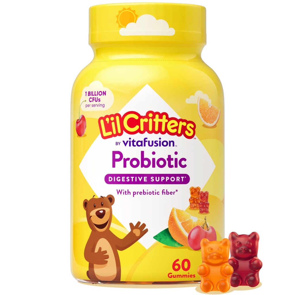 L’il Critters Probiotic Daily Gummy Supplement for Kids, for Digestive Health Support, Grape, Cherry and Orange Flavors, 60 Gummies