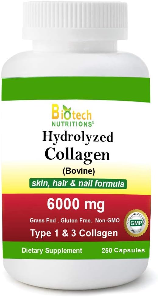 Hydrolyzed Collagen Bovine Type 1 & 3 6000 mg 250 Tablet Grass Fed Gluten Free Non-GMO