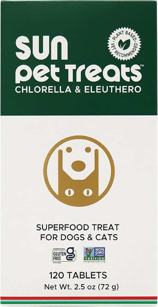 Sun Chlorella Sun Pet Yeşil Superfood Cat & Dog Supplement - Chlorophyll Eleuthero & Lecithin, Mineraller, Antioksis & Vitaminler - Immune Defense, Skin & Gut Health - 120 Bites
