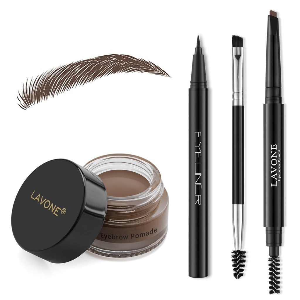 LAVONE Makyaj Kit with Eyebrow Stamp Kalem, Su Brow Kalem & Pomade, Eyeliner, Dual-ended Eyebrow Rotor, Dark Brown