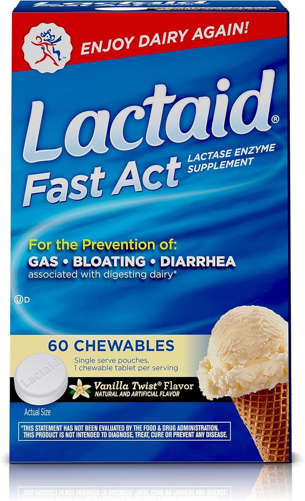 Lactaid Fast Act Lactose intolerance Chewables with Lactase Enzymes, Vanilla Twist, 60 Pks of 1-ct.