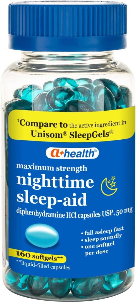 A+Health Nighttime Sleep Dip Aidhenhydramine 50 mg Softgels, maksimum Güçlü, 160 Kont