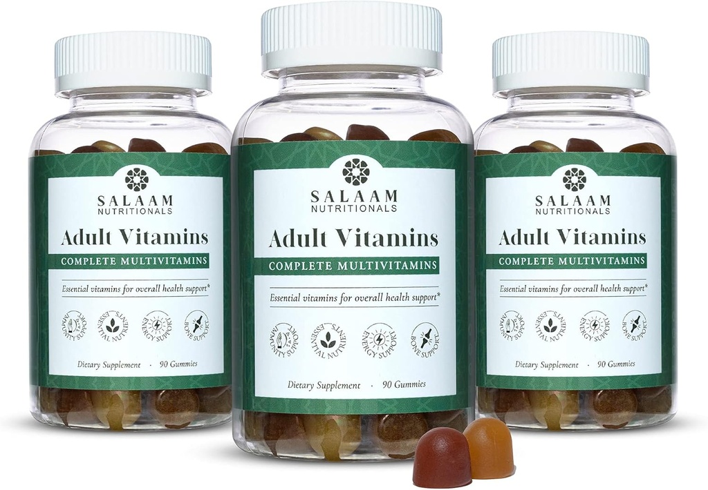 Salaam Beslenme - Yetişkin Multivitaminler, Kadınlar ve Erkekler için Vitamin Gummies, 11 Temel Vitaminler ve Mineraller ile Yetişkinler için Multivitaminler, 90 Count, 3 Packs