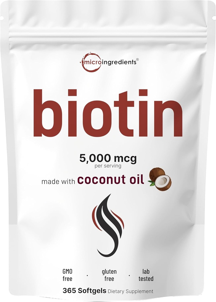 Micro Materialss Biotin 5.000 Live | 365 Virgin Coconut Oil Softgels, Hızlı Yayın, Bir Yıl Supply | Sağlıklı Saç, Skin, & Nails | Non-GMO, No Glutenten