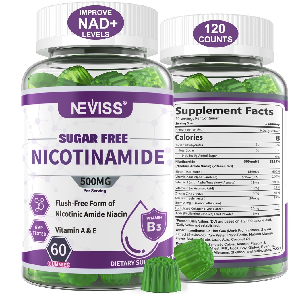 Sugar Free Nicotinamid 500 mg Gummies, (Flush Free Niacin) B3 Niacinamid Supplement for Cellular Energy Metabolism & Tamir, Vitality, Health Aging, Cranberry Flavor, Easy to Chew, 120 Cts