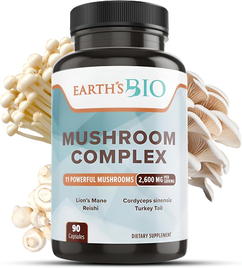 Dünya Bio Mushroom Supplement Kompleksi 2,600 mg per Service, 90 Caps, Organic Lion's Mane Mushroom, Türkiye Tail, Enoki Agaricus, Beyaz Düğme & Oyster Mushroom - Memory & Immune Support
