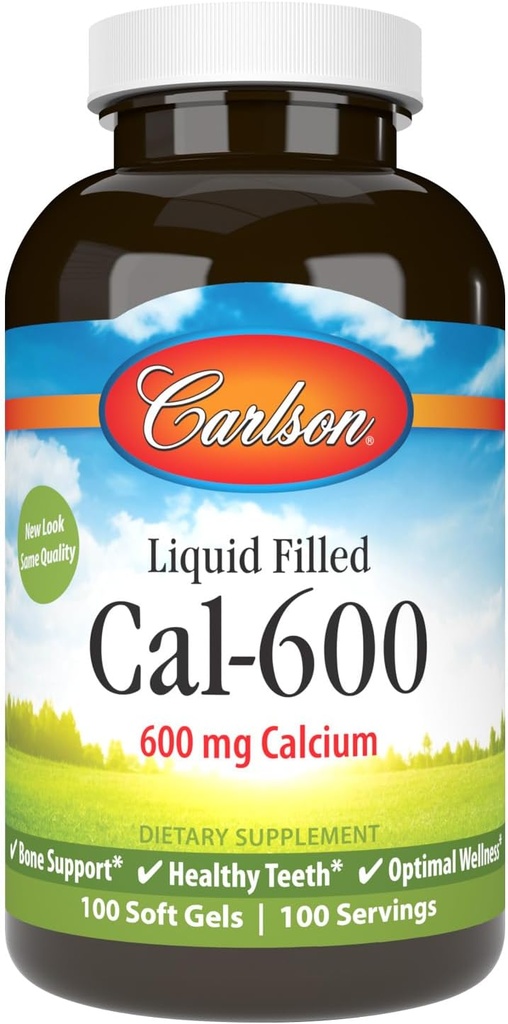 Carlson - Cal-600, 600 mg ασβέστιο, υποστήριξη οστών, υγιή δόντια & βέλτιστη ευεξία, 100 Softgels