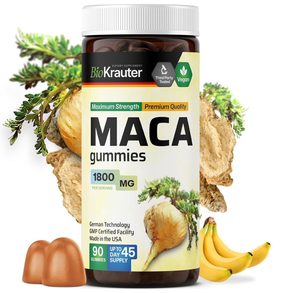Maca Root Gummies - 1800 mg Δύναμη - 90 Vegan Chews - Φυσική υποστήριξη για γυναίκες και άνδρες - Περουβιανή Maca Root συμπλήρωμα - Μπανάνα άρωμα Chews