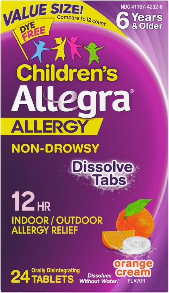Allegra Children's 12 Saat Antivirüs Relief Orally Dekan Tabletleri, Non-Drowsy Kapalı ve Açık Alerji ilacı, 30 mg Fexofenadine HCI Antihistamine for Kids, Orange Cream Flavor, 24Count