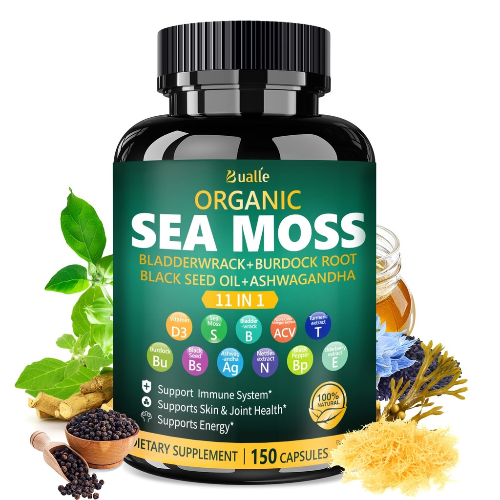 Bualle Irish Sea Moss Capsules – Organic Sea Moss, Black Seed Oil, Ashwagandha Supplements with Bladderwrack, Ginger & Burdock Root – Supports Daily Wellness, Skin & Energy – 150 Count (1 Pack)