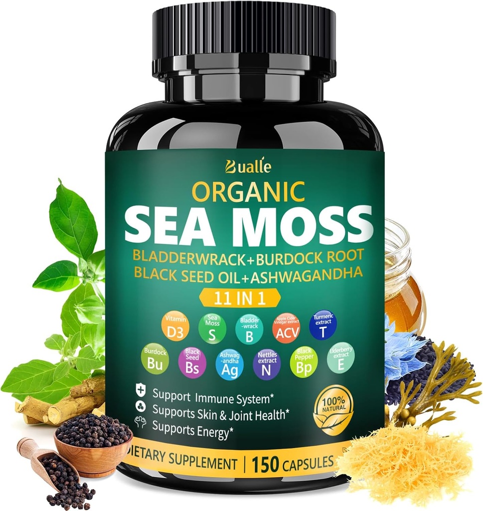 Bualle Irish Sea Moss Capsules – Organik Sea Moss, Black Seed Oil, Ashwagandha Supplements with Bladderwrack, Ginger & Burdock Root – Supports Daily Wellness, Skin & Energy – 150 Capsules (1 Pack)
