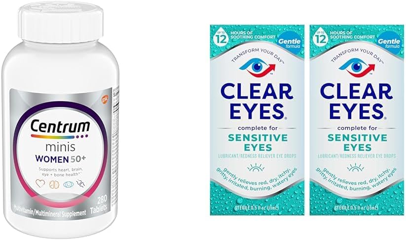 Centrum Minis Silver Women's Multivitamin for Women 50 Plus, Multimineral Supplement with Vitamin D3, B Vitaminleri, Non-GMO Malzemeler, Yaşlı Yetişkinlerde Hafıza ve Bilişleri - 280 Ct & Clear Eyes, Hassas Gözler, Eye Drops, 0,5 Oz, 2 Pack