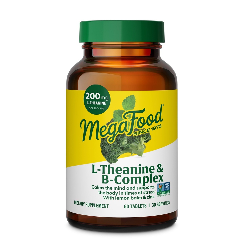 MegaFood L-Theanine & Vitamin B Kompleksi - 200 mg L Theanine Supplement with B Complex Vitamins for Women & Men - Plus Lemon Balm Leaf & çinko - Vegan, Gluten Free, Non-GMO - 60 Tabletler, 30 Hizmetler