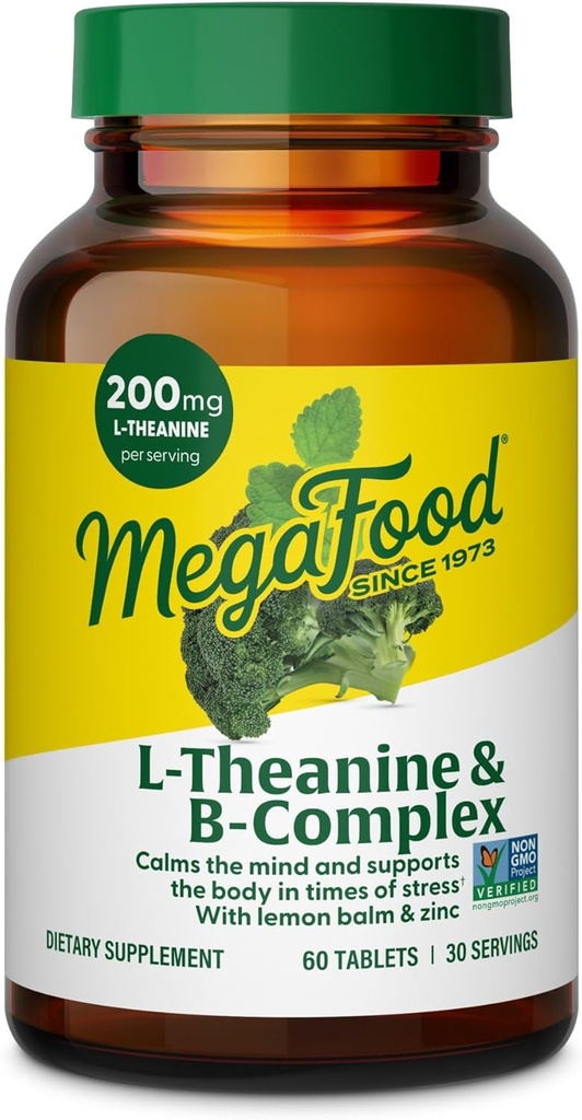 MegaFood L-Theanine & Vitamin B Kompleksi - 200 mg L Theanine Supplement with B Complex Vitamins for Women & Men - Plus Lemon Balm Leaf & çinko - Vegan, Gluten Free, Non-GMO - 60 Tabletler, 30 Hizmetler