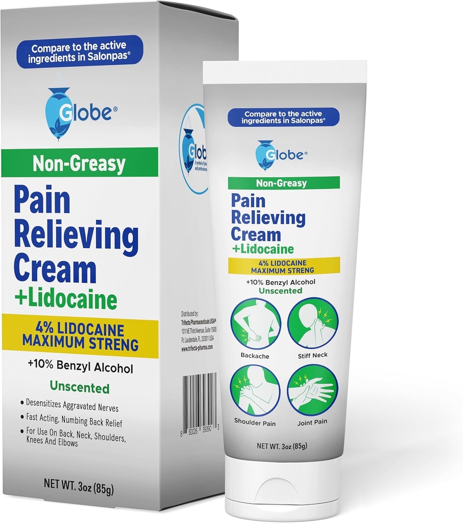 Globe Pain Relieving Cream Plus 4% Λιδοκαΐνη, Μέγιστη δύναμη Numbing Relief, γρήγορης δράσης Topic Therapy για τους μυϊκούς πόνους, αρθραλγία, πόνος στο λαιμό, πόνο στο λαιμό, λύπη, διάστρεμμα & spasms, Αρωματισμένος, 3 ουγγιές