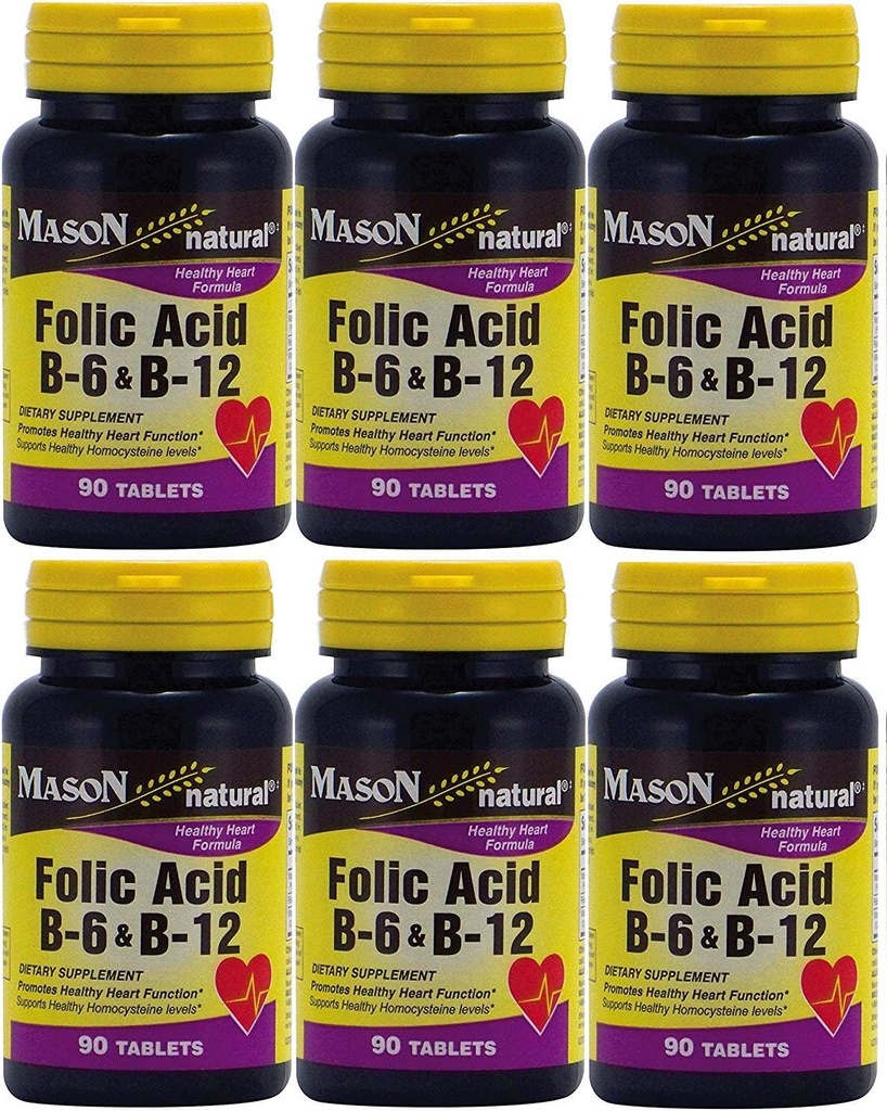 Masonlar Folic Asit B-6 & B12 Kalp Sağlığı Formula 90 Tabletleri Şişe Paketi Için 6 Toplam 540 Tablet